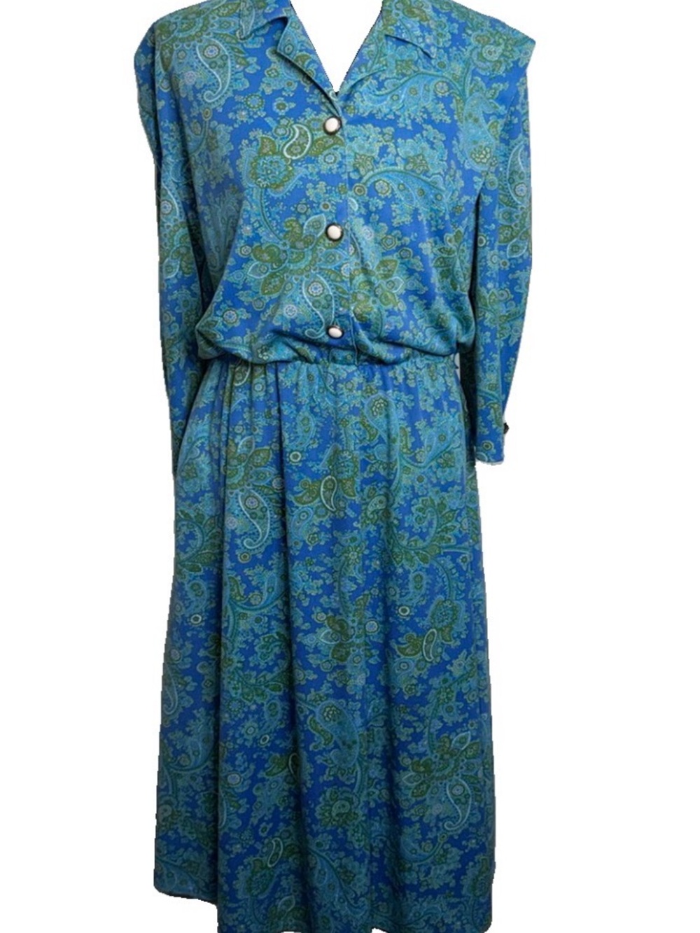 California Looks Vintage Women’s Dress Blue Green Paisley Pockets Sz 12 *no Belt